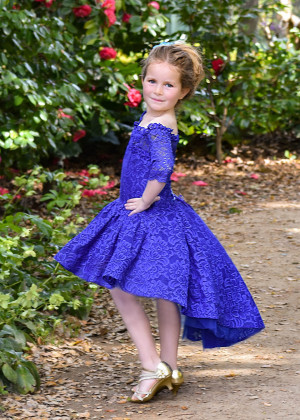Off Shoulder Royal Blue Lace High Low Flower Girl Dress